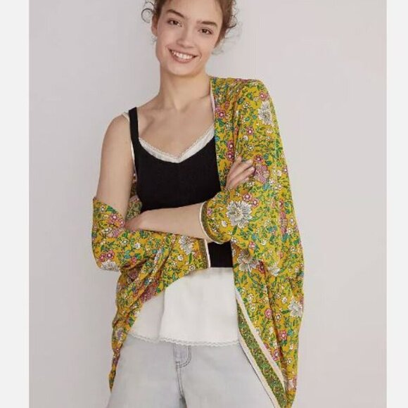 Anthropologie Floral Cocoon Kimono yellow color One Size - Picture 1 of 8